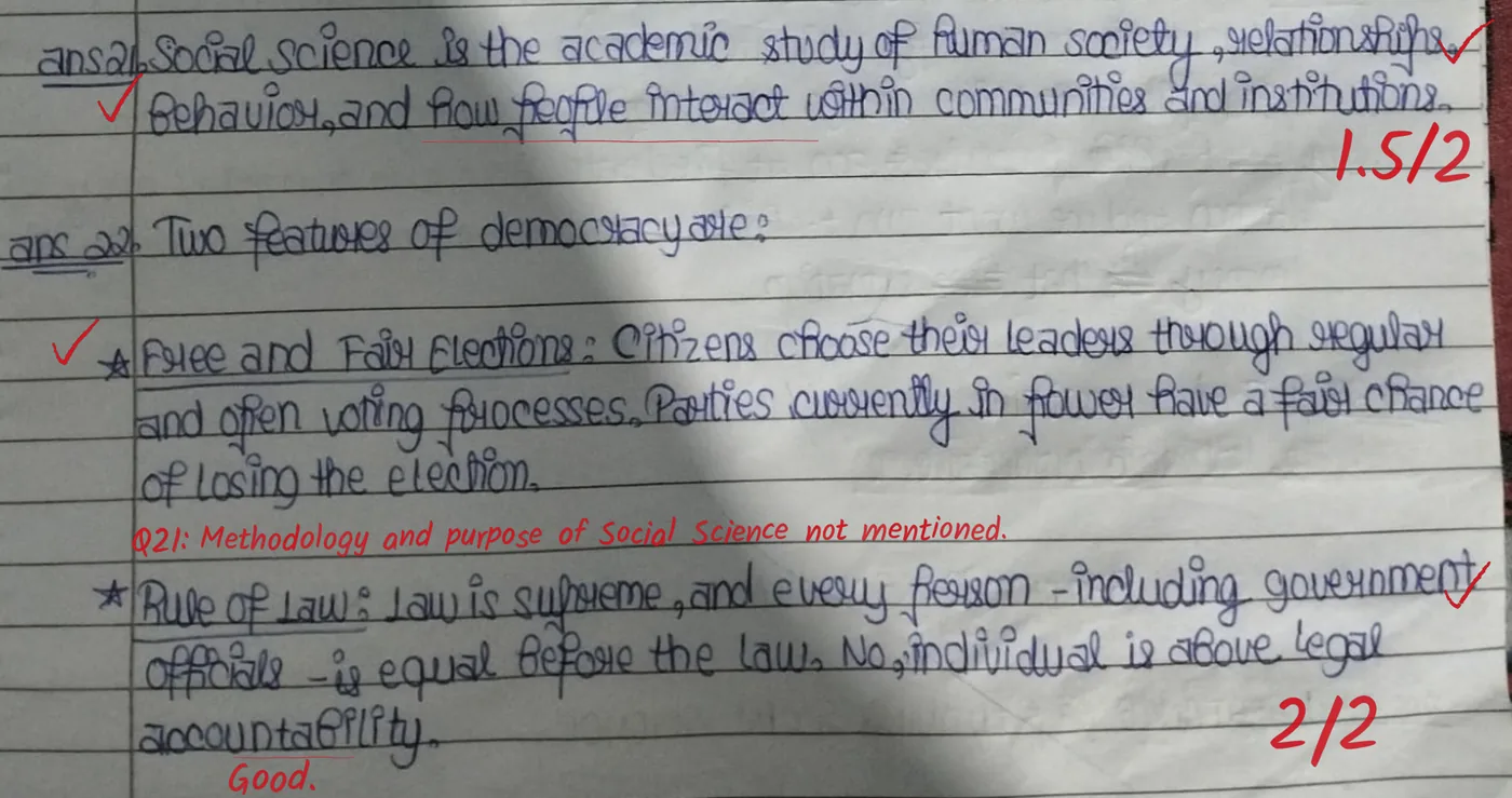 Two answers on the copy: 1.5/2 with the note 'Q21: Methodology and purpose of Social Science not mentioned.' and 2/2 with 'Good.'