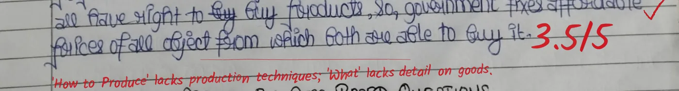A long answer marked 3.5/5 with the note: 'How to Produce' lacks production techniques; 'What' lacks detail on goods.