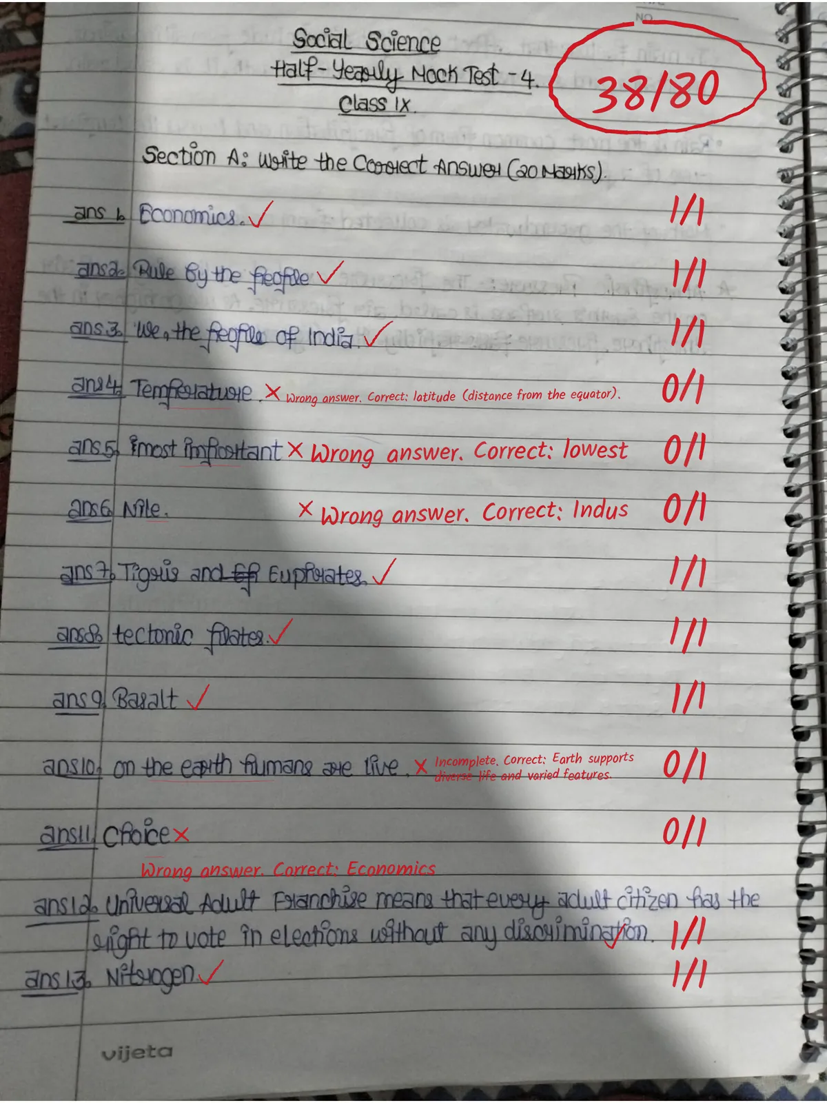Page 1 of 7 of the sample answer copy checked by Evalezy. Section A, one-mark answers: ticks, crosses with the correct answer beside them, and the total 38/80 circled at the top.