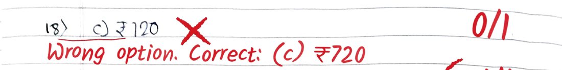 Q18 as checked by Evalezy: 0/1: “Correct: (c) ₹720”