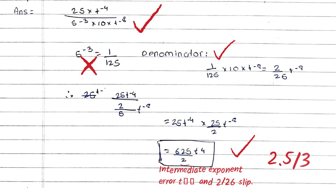 Q28 as checked by Evalezy: 2.5/3: exponent error and a 2/26 slip