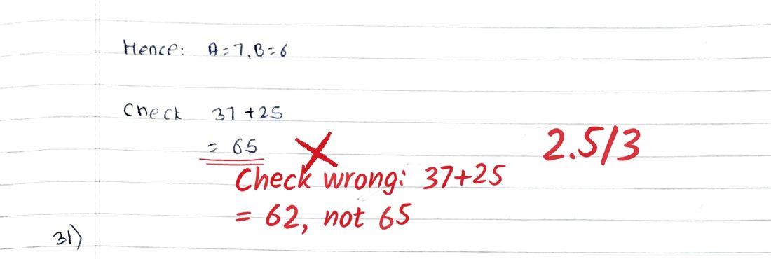 Q30 as checked by Evalezy: 2.5/3: “Check wrong: 37+25 = 62, not 65”